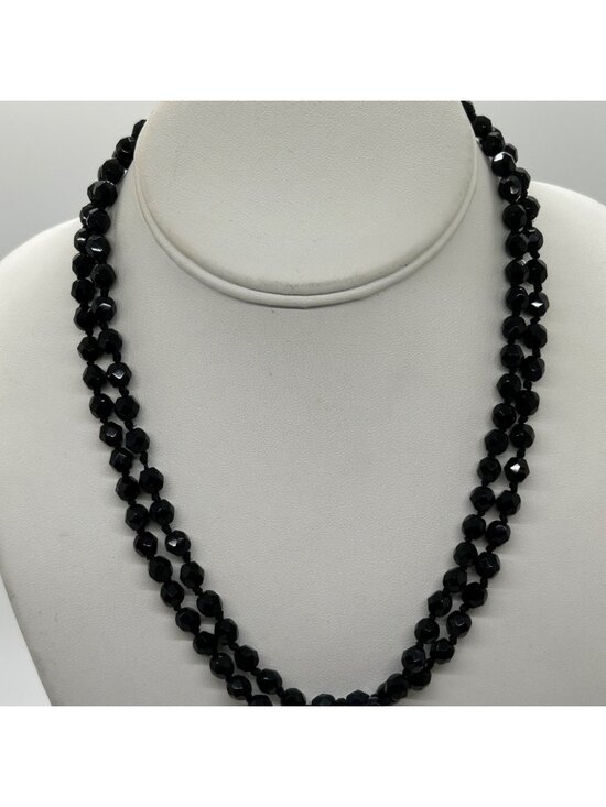 Estate Jewelry - Vintage Glass Beaded Necklace Black Handknotted With Gold-Tone Oval Clasp 1950 -